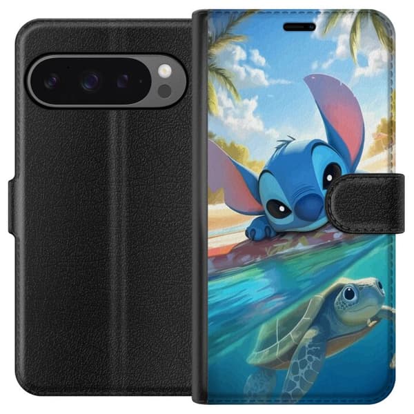 Google Pixel 9 Pro XL Tegnebogsetui Stitch med skildpadde - sød blå alien i tropisk strandmiljø fra Disney