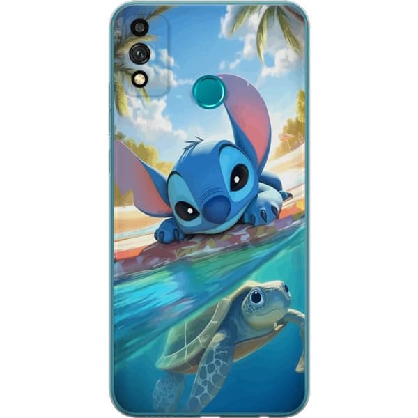Honor 9X Lite Gjennomsiktig deksel Stitch med skilpadde - søt blå alien i tropisk strandmiljø fra Disney