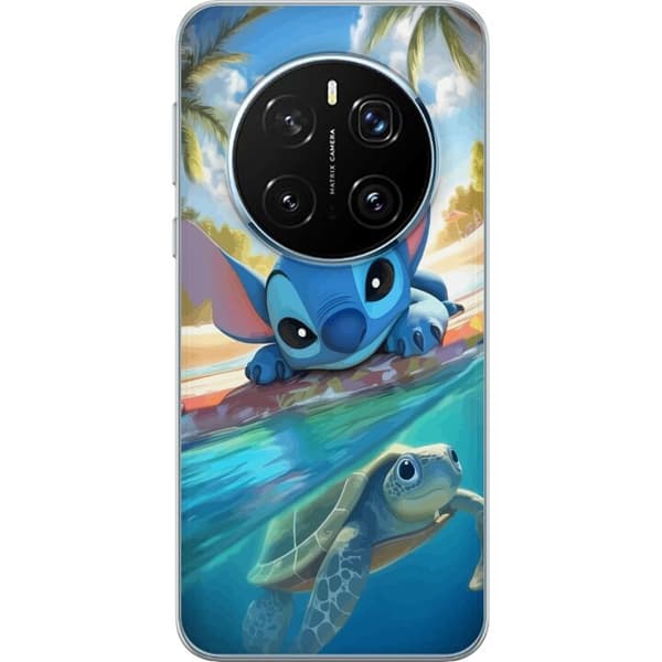 Honor Magic7 Pro Gennemsigtig cover Stitch med skildpadde - sød blå alien i tropisk strandmiljø fra Disney