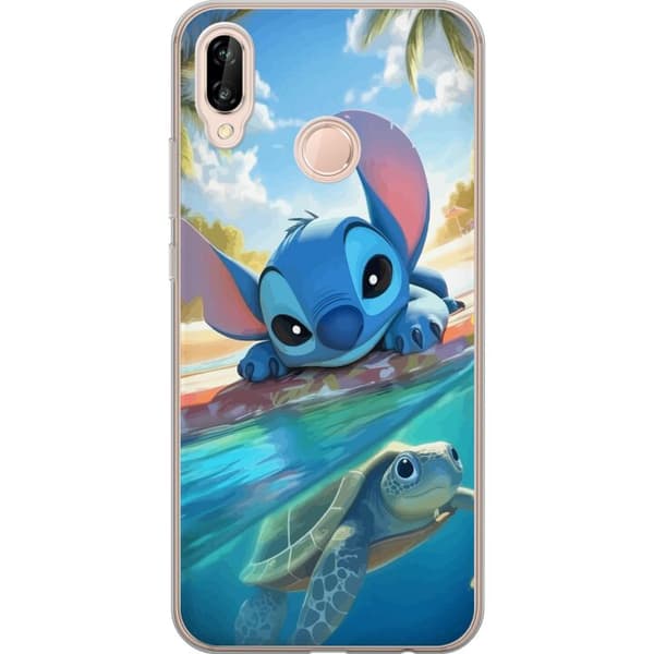 Huawei P20 lite Gennemsigtig cover Stitch med skildpadde - sød blå alien i tropisk strandmiljø fra Disney
