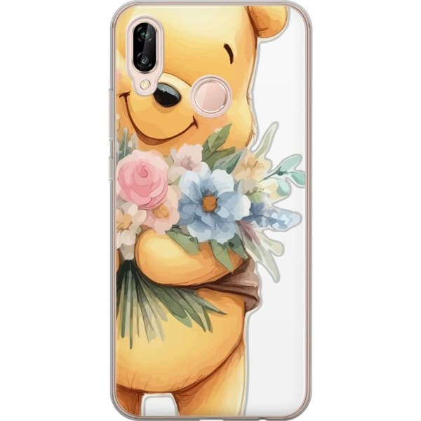 Huawei P20 lite Gennemsigtig cover Nalle Puh med blomster - klassisk børnefavorit i en blomstrende forårs miljø
