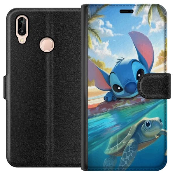 Huawei P20 lite Tegnebogsetui Stitch med skildpadde - sød blå alien i tropisk strandmiljø fra Disney