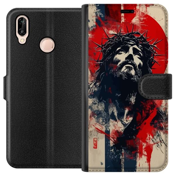 Huawei P20 lite Lompakkokotelo Jeesus ristillä - kristillinen aihe vahvalla symboliikalla uskosta ja toivosta
