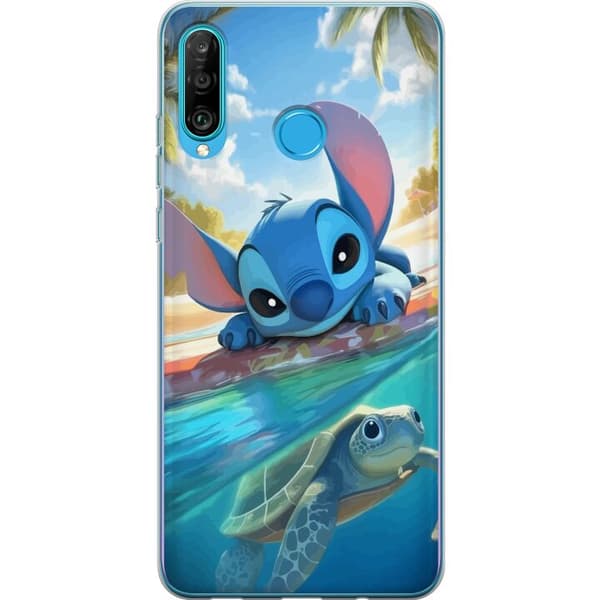 Huawei P30 lite Genomskinligt Skal Stitch med sköldpadda – söt blå alien i tropisk strandmiljö från Disney