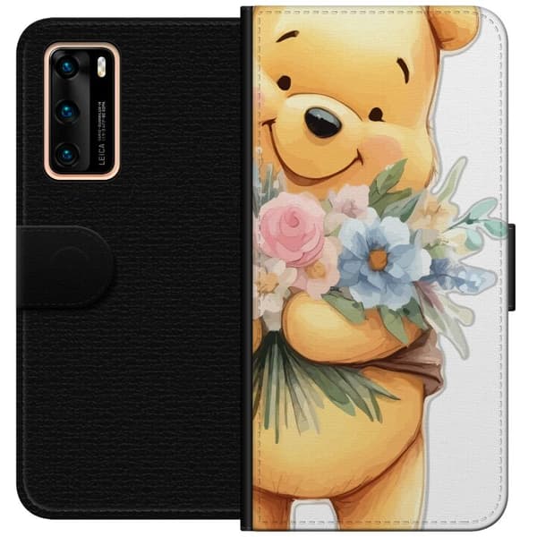Huawei P40 Lommeboketui Nalle Puh med blomster - klassisk barnefavoritt i en blomstrende vår miljø