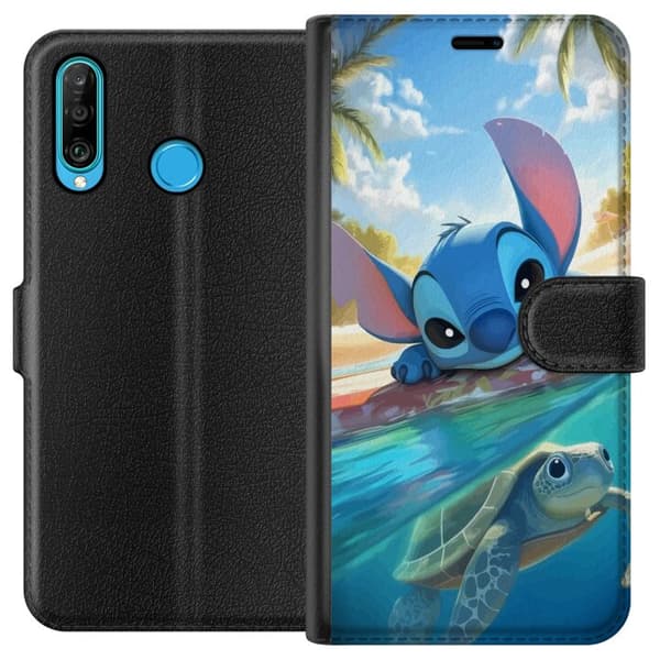 Huawei P30 lite Tegnebogsetui Stitch med skildpadde - sød blå alien i tropisk strandmiljø fra Disney