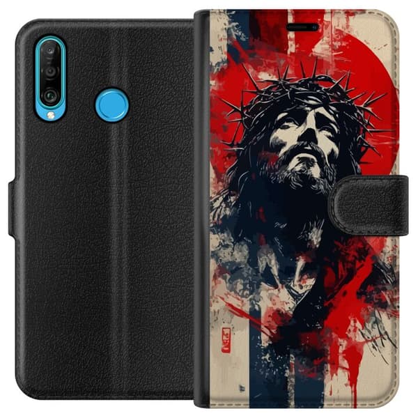 Huawei P30 lite Lommeboketui Jesus med kors - kristent motiv med sterk symbolikk om tro og håp