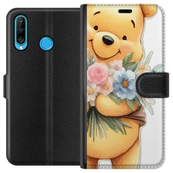Huawei P30 lite Lompakkokotelo Nalle Puh kukkien kanssa - klassinen lasten suosikki kukkivassa keväisympäristössä
