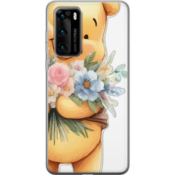 Huawei P40 Läpinäkyvä kuori Nalle Puh kukkien kanssa - klassinen lasten suosikki kukkivassa keväisympäristössä