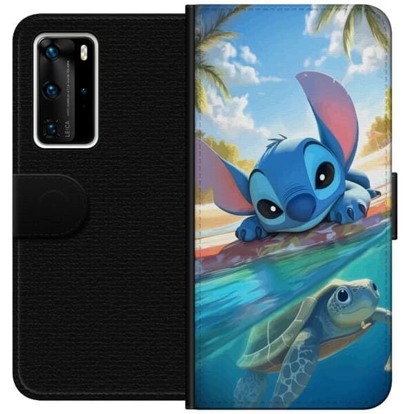 Huawei P40 Pro Plånboksfodral Stitch med sköldpadda – söt blå alien i tropisk strandmiljö från Disney
