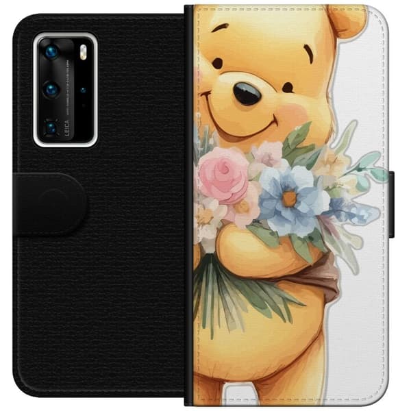 Huawei P40 Pro Tegnebogsetui Nalle Puh med blomster - klassisk børnefavorit i en blomstrende forårs miljø