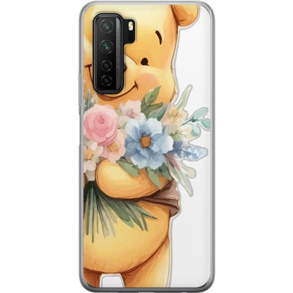 Huawei P40 lite 5G Genomskinligt Skal Nalle Puh med blommor – klassisk barnfavorit i blommande vårmiljö