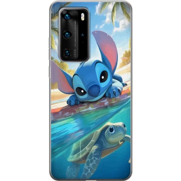 Huawei P40 Pro Gjennomsiktig deksel Stitch med skilpadde - søt blå alien i tropisk strandmiljø fra Disney