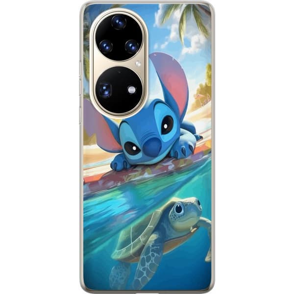 Huawei P50 Pro Läpinäkyvä kuori Stitch kilpikonnalla - söpö sininen avaruusolento trooppisessa rantaympäristössä Disneyn tapaan
