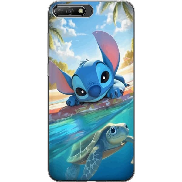 Huawei Y6 (2018) Gennemsigtig cover Stitch med skildpadde - sød blå alien i tropisk strandmiljø fra Disney