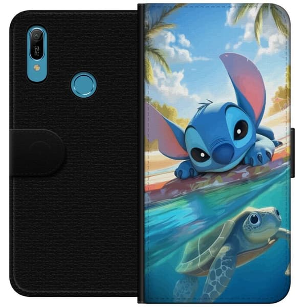 Huawei Y6 (2019) Tegnebogsetui Stitch med skildpadde - sød blå alien i tropisk strandmiljø fra Disney