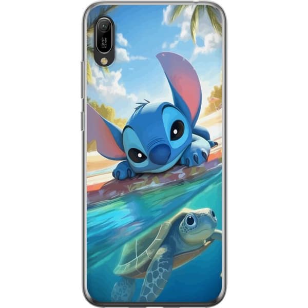 Huawei Y6 Pro (2019) Gennemsigtig cover Stitch med skildpadde - sød blå alien i tropisk strandmiljø fra Disney