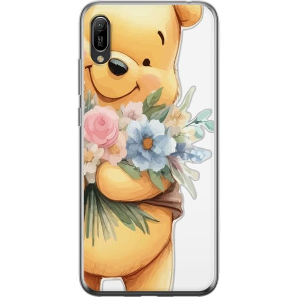 Huawei Y6 Pro (2019) Gennemsigtig cover Nalle Puh med blomster - klassisk børnefavorit i en blomstrende forårs miljø