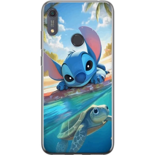 Huawei Y6s (2019) Läpinäkyvä kuori Stitch kilpikonnalla - söpö sininen avaruusolento trooppisessa rantaympäristössä Disneyn tapaan