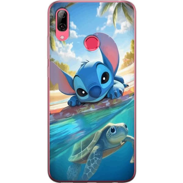 Huawei Y7 (2019) Läpinäkyvä kuori Stitch kilpikonnalla - söpö sininen avaruusolento trooppisessa rantaympäristössä Disneyn tapaan