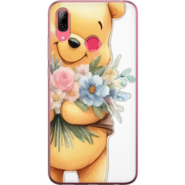 Huawei Y7 (2019) Gennemsigtig cover Nalle Puh med blomster - klassisk børnefavorit i en blomstrende forårs miljø