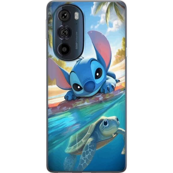Motorola Edge 30 Pro Läpinäkyvä kuori Stitch kilpikonnalla - söpö sininen avaruusolento trooppisessa rantaympäristössä Disneyn tapaan