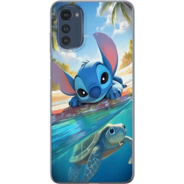 Motorola Moto E32s Gennemsigtig cover Stitch med skildpadde - sød blå alien i tropisk strandmiljø fra Disney
