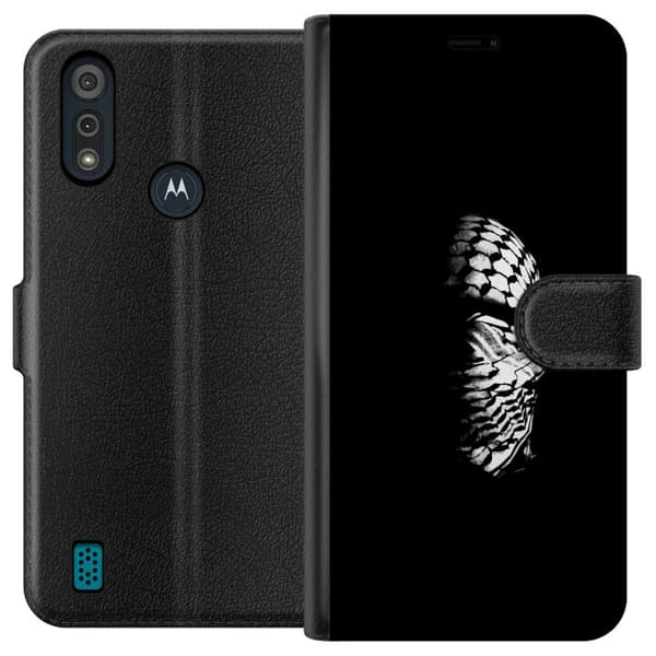 Motorola Moto E6i Lompakkokotelo Keffiyeh-kuviointi - klassinen palestiinalainen mustavalkoinen shaali, jolla on kulttuurinen merkitys