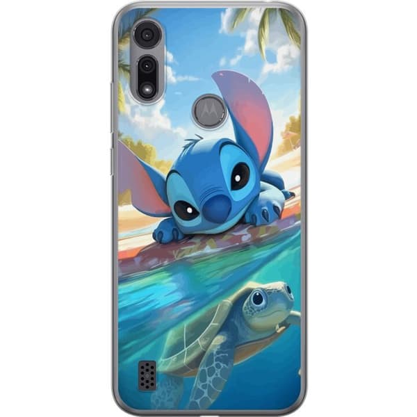 Motorola Moto E6i Gennemsigtig cover Stitch med skildpadde - sød blå alien i tropisk strandmiljø fra Disney