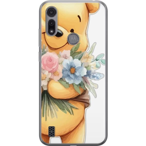 Motorola Moto E6i Gennemsigtig cover Nalle Puh med blomster - klassisk børnefavorit i en blomstrende forårs miljø