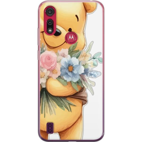Motorola Moto E6s (2020) Gennemsigtig cover Nalle Puh med blomster - klassisk børnefavorit i en blomstrende forårs miljø