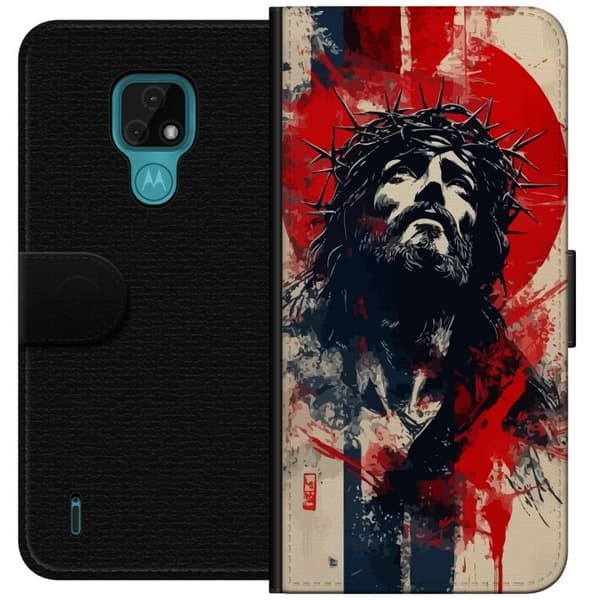 Motorola Moto E7 Plånboksfodral Jesus med kors – kristet motiv med stark symbolik om tro och hopp