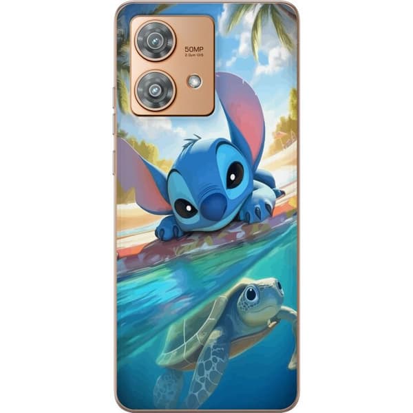 Motorola Edge 40 Neo Gennemsigtig cover Stitch med skildpadde - sød blå alien i tropisk strandmiljø fra Disney