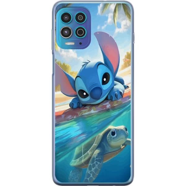 Motorola Moto G100 Gjennomsiktig deksel Stitch med skilpadde - søt blå alien i tropisk strandmiljø fra Disney