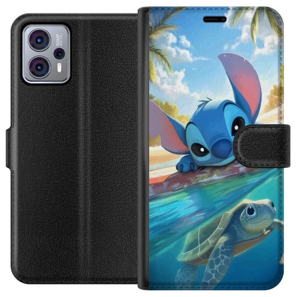 Motorola Moto G23 Plånboksfodral Stitch med sköldpadda – söt blå alien i tropisk strandmiljö från Disney