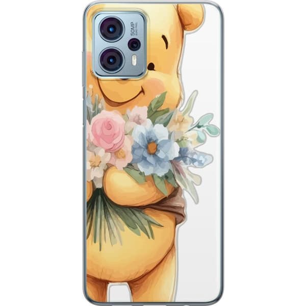 Motorola Moto G23 Gennemsigtig cover Nalle Puh med blomster - klassisk børnefavorit i en blomstrende forårs miljø