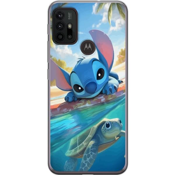 Motorola Moto G30 Gjennomsiktig deksel Stitch med skilpadde - søt blå alien i tropisk strandmiljø fra Disney