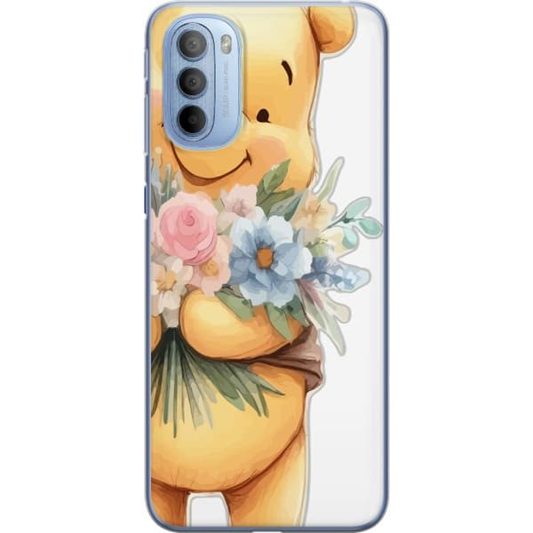 Motorola Moto G31 Genomskinligt Skal Nalle Puh med blommor – klassisk barnfavorit i blommande vårmiljö