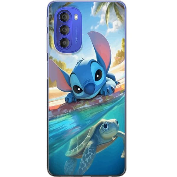Motorola Moto G51 5G Gjennomsiktig deksel Stitch med skilpadde - søt blå alien i tropisk strandmiljø fra Disney