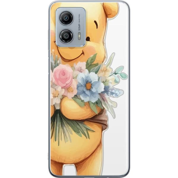Motorola Moto G53 Gennemsigtig cover Nalle Puh med blomster - klassisk børnefavorit i en blomstrende forårs miljø