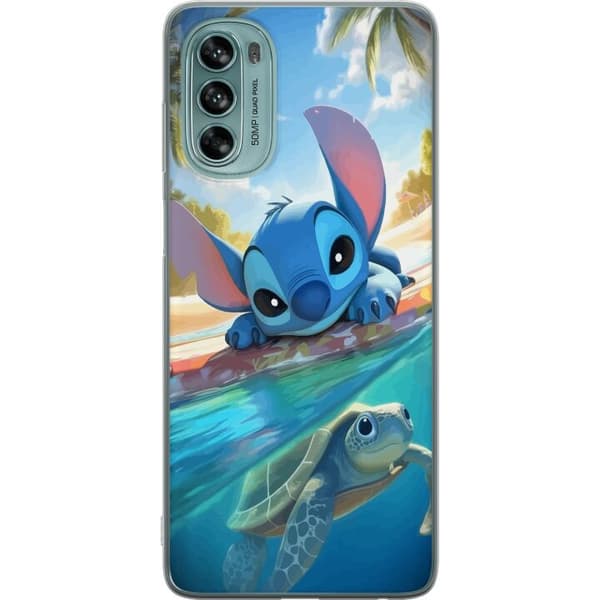 Motorola Moto G62 5G Gennemsigtig cover Stitch med skildpadde - sød blå alien i tropisk strandmiljø fra Disney