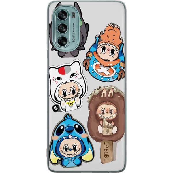Motorola Moto G62 5G Gennemsigtig cover Labubu figur samling - Pop Mart Labubu The Monsters i farverigt design