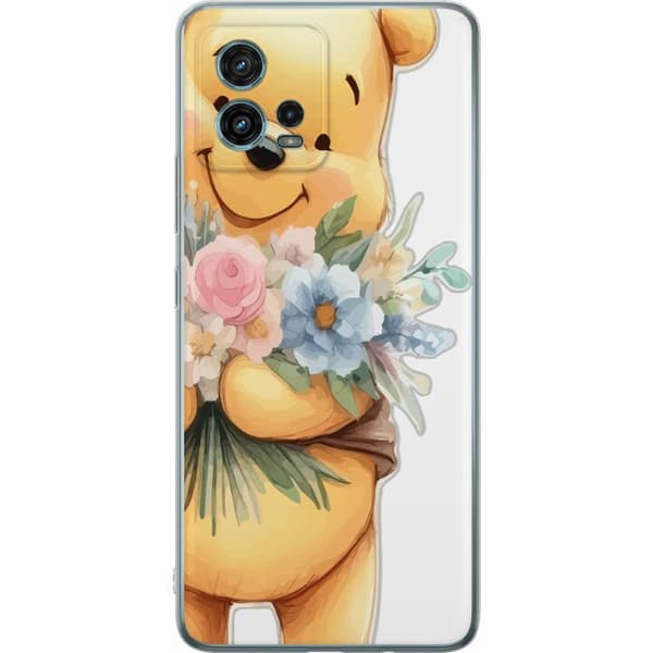 Motorola Moto G72 Gennemsigtig cover Nalle Puh med blomster - klassisk børnefavorit i en blomstrende forårs miljø