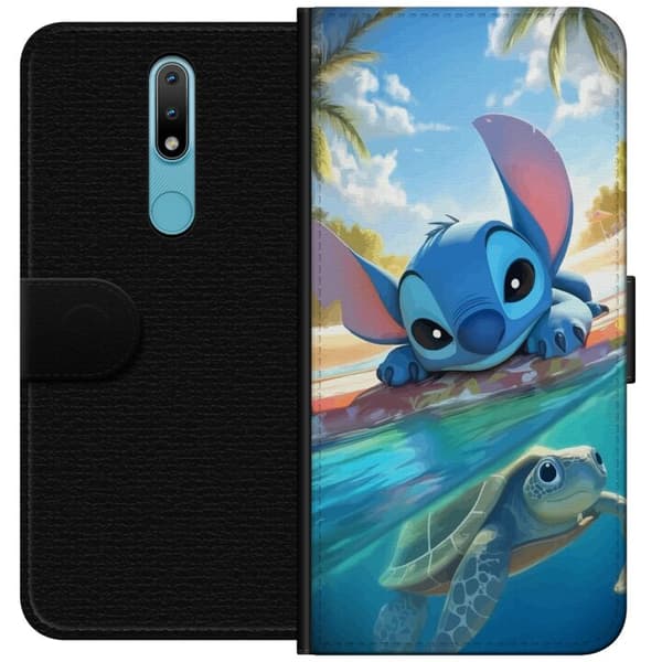 Nokia 2.4 Lommeboketui Stitch med skilpadde - søt blå alien i tropisk strandmiljø fra Disney