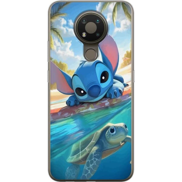 Nokia 3.4 Genomskinligt Skal Stitch med sköldpadda – söt blå alien i tropisk strandmiljö från Disney