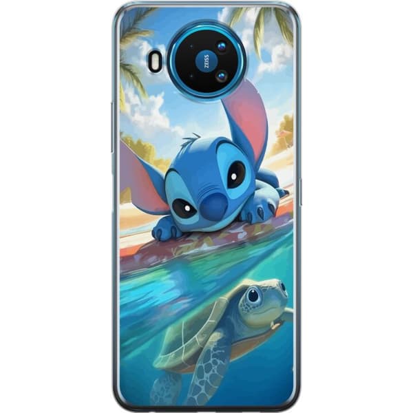 Nokia 8.3 5G Gjennomsiktig deksel Stitch med skilpadde - søt blå alien i tropisk strandmiljø fra Disney