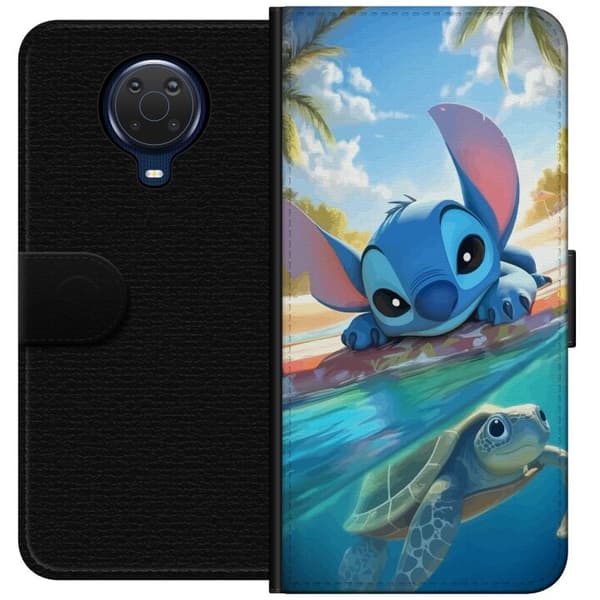 Nokia G20 Lompakkokotelo Stitch kilpikonnalla - söpö sininen avaruusolento trooppisessa rantaympäristössä Disneyn tapaan