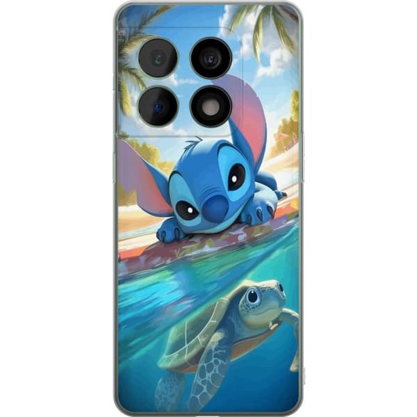 OnePlus 10 Pro Gennemsigtig cover Stitch med skildpadde - sød blå alien i tropisk strandmiljø fra Disney