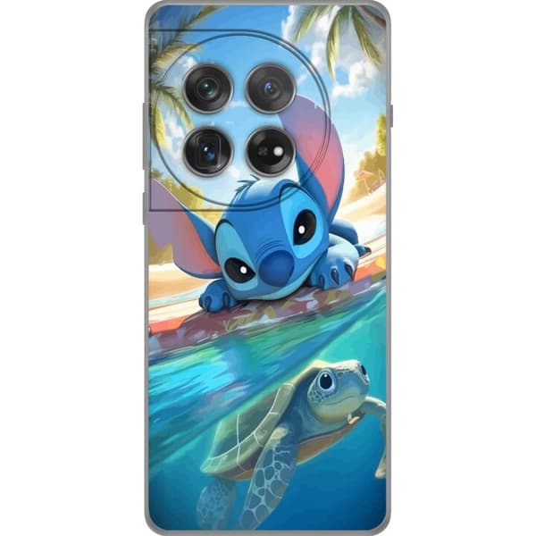 OnePlus 12 Läpinäkyvä kuori Stitch kilpikonnalla - söpö sininen avaruusolento trooppisessa rantaympäristössä Disneyn tapaan
