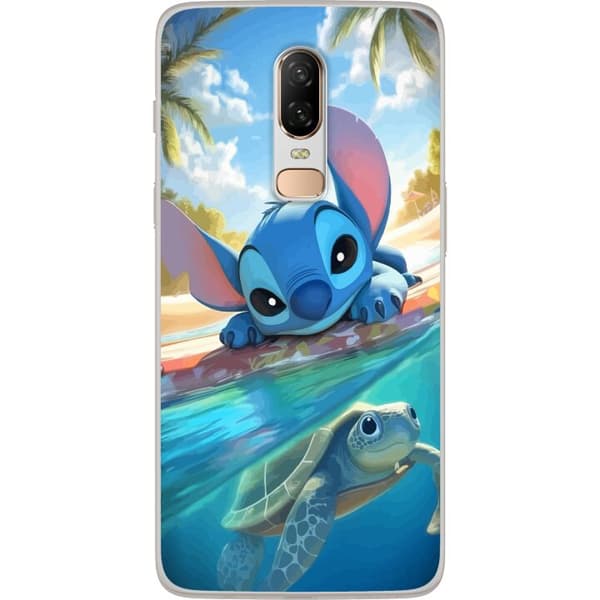 OnePlus 6 Gjennomsiktig deksel Stitch med skilpadde - søt blå alien i tropisk strandmiljø fra Disney